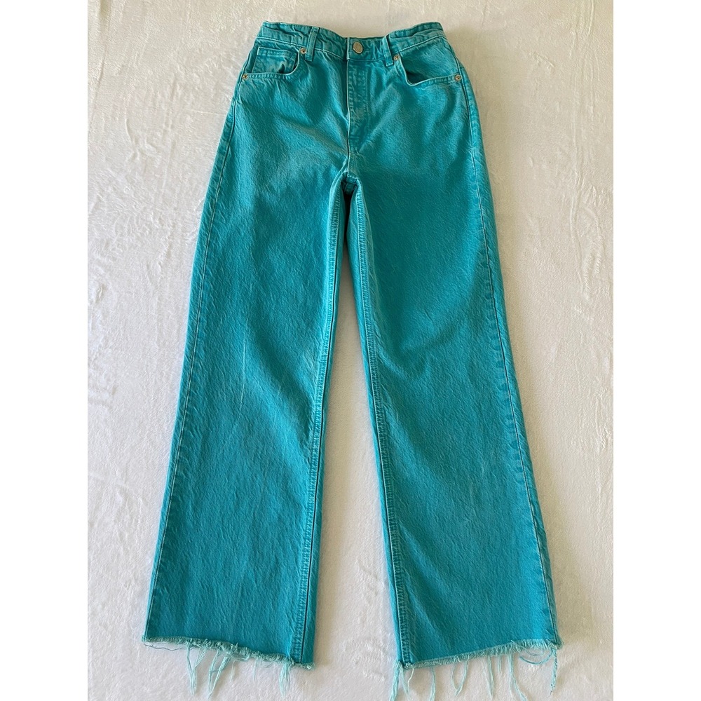 Zara Women's Jeans Size 4 26 Turquoise Teal High Rise Wide Leg Raw Hem Denim